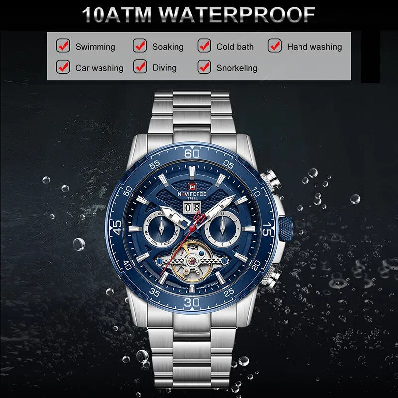 NAVIFORCE New Men Mechanical Watch 100M Waterproof Full Steel Wristwatch Date Week Month Display Man Luxury Watches reloj hombre