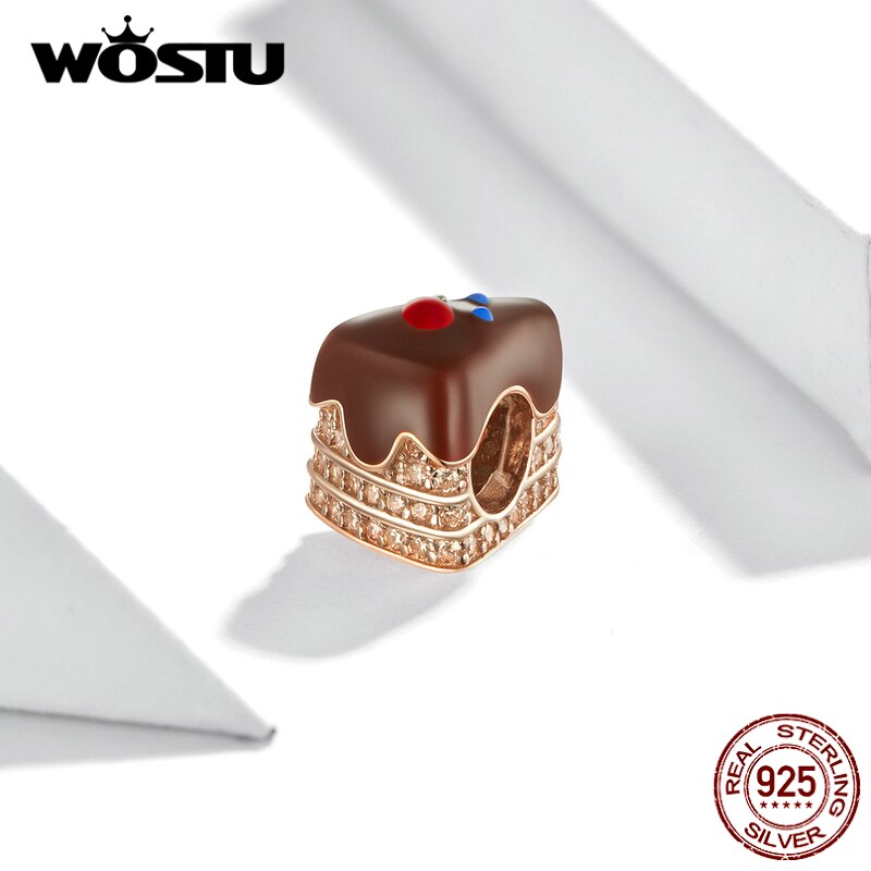 WOSTU 100% 925 Sterling Silver Chocolate Cake Charm Biscuit Candy Bead Enamel Pendant Fit Original Bracelet Necklace Jewelry
