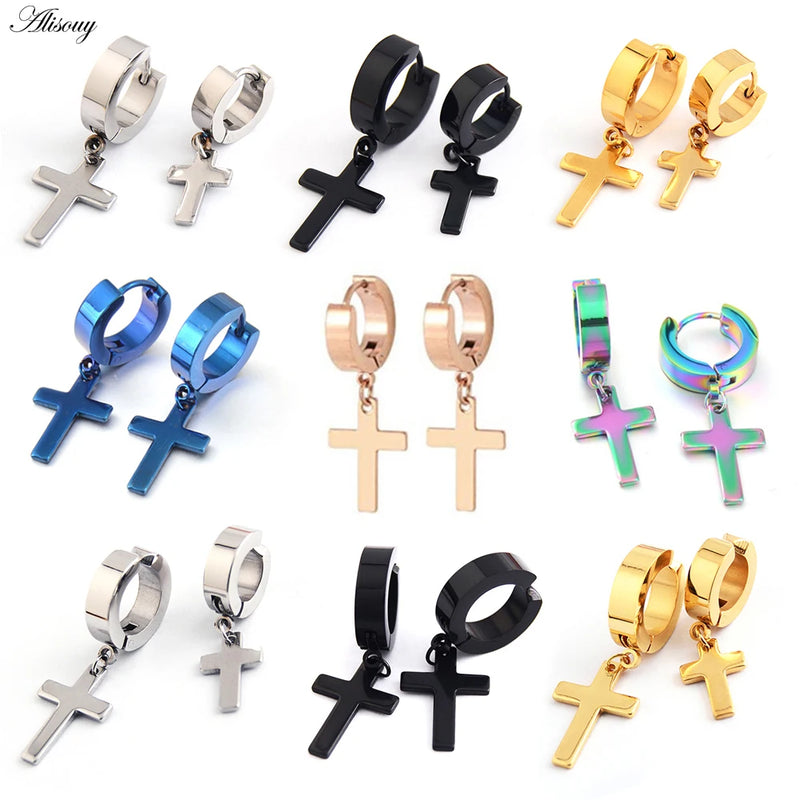 Alisouy 2pcs Women Men's Stainless Steel Dropping Earrings Black/Silver Color Cross Gothic Punk Rock Style Pendientes Mujer Moda
