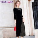 TESSCARA Women Autumn Elegant Velvet Dress Festa Female Event Party Robe High Quality Mesh Designer Vintage Cocktail Vestidos