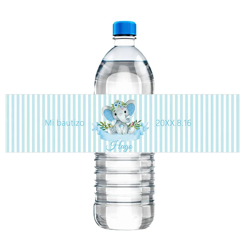 30pcs Personalized Cute Little Elephant Baby Shower Baptism Water Bottle Labels Customize Name Date Boy Girl Bautizo Stickers