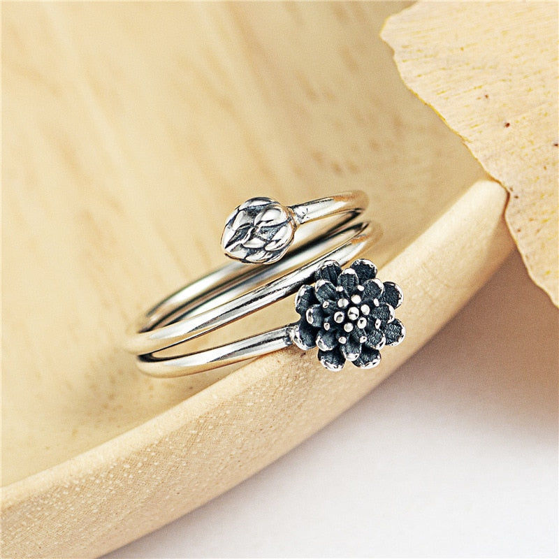 Real 925 Sterling Silver Jewelry Vintage Winding Lotus Flower Open Rings For Women Original Design Femme Popular Accessories