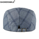 SHOWERSMILE Navy Plaids Beret Hat Men British Style Gatsby Male Falt Cap Spring Summer Male Ivy Retro Men's Checked Newsboy