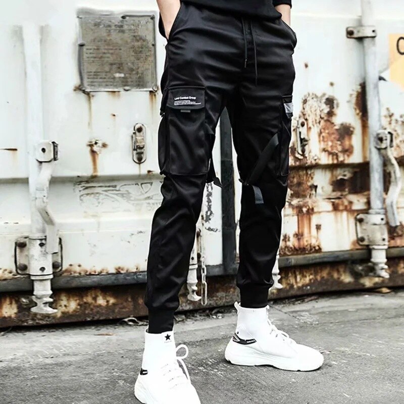 2023 Streetwear Men Ribbons Pants Homme Black Pockets Man Cargo Pants Harem Joggers Harajuku Sweatpant Hip Hop Trousers