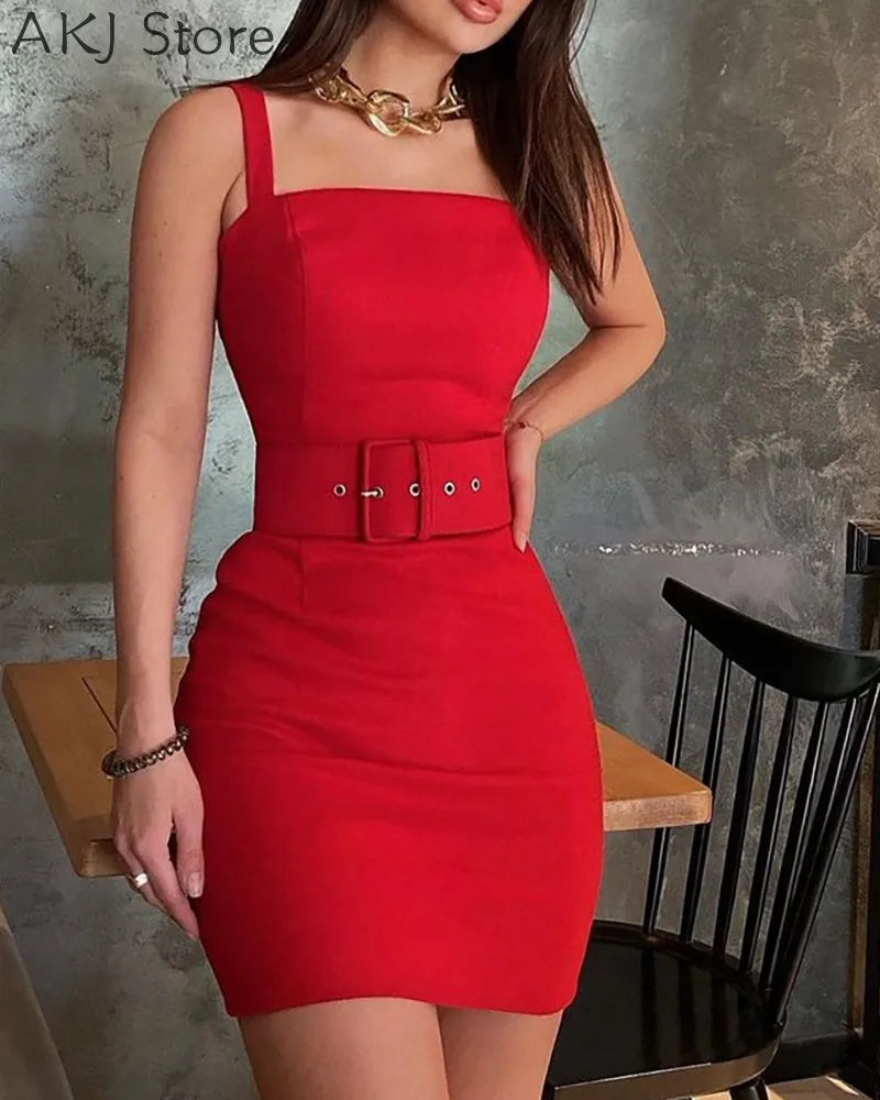 Thick Strap Plain Bodycon Dress With Belt