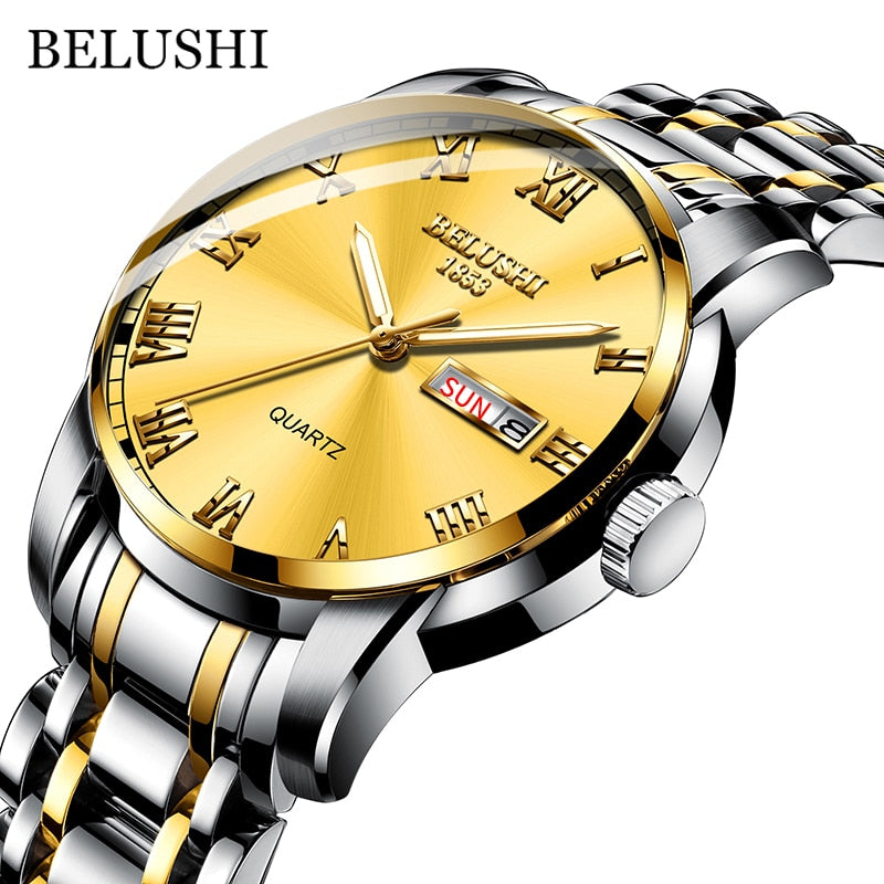 BELUSHI Top Brand Watch Men Stainless Steel Business Date Clock Waterproof Luminous Watches Mens Luxury Sport Quartz Wrist Watch