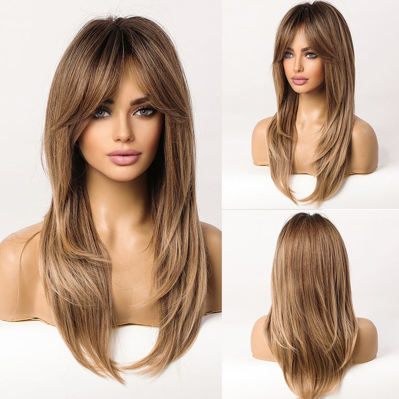 JONRENAU Middle Long Straight Hair with Bangs Ombre Brown to Blonde Wig Dark Roots Synthetic Wigs for Women Heat Resistance Hair