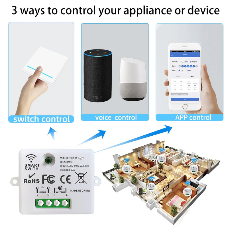 WIFI Mini switch Tuya Smart Life APP Push Button Light Switch RF 433Mhz Wall Panel DIY Relay Module Timer Google Home Alexa