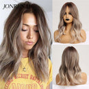 JONRENAU Middle Long Straight Hair with Bangs Ombre Brown to Blonde Wig Dark Roots Synthetic Wigs for Women Heat Resistance Hair