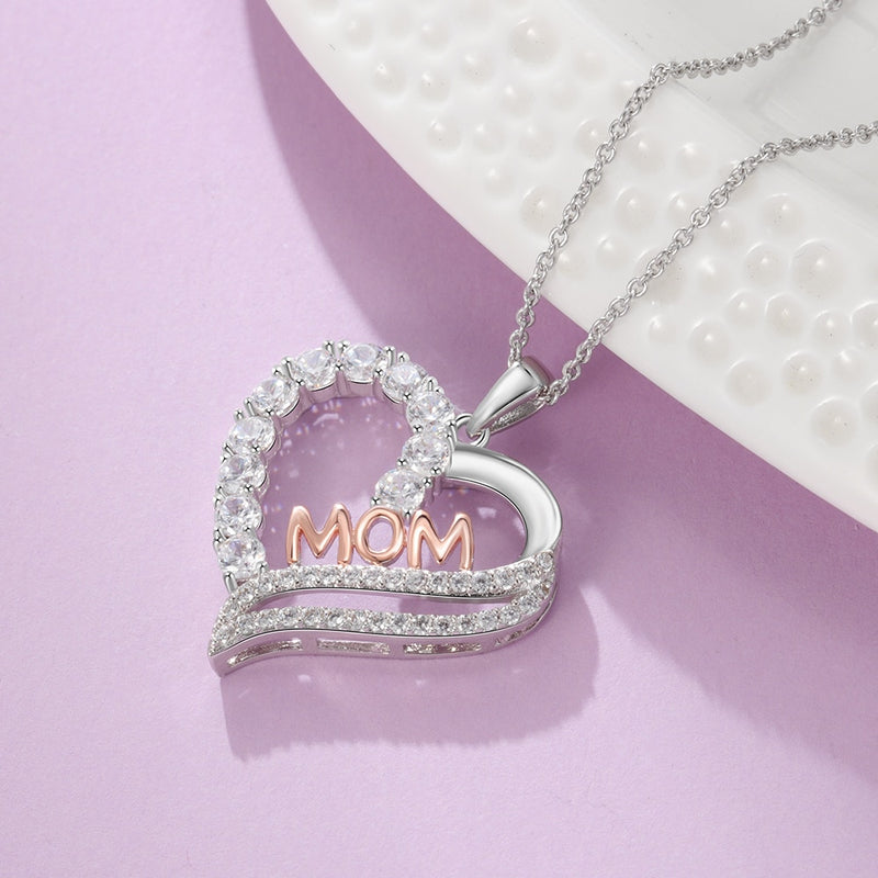 Genuine 925 Sterling Silver Women Necklaces Letter MOM Heart Shape CZ Necklaces Mother's Day Gift Fine Jewelry (Lam Hub Fong)