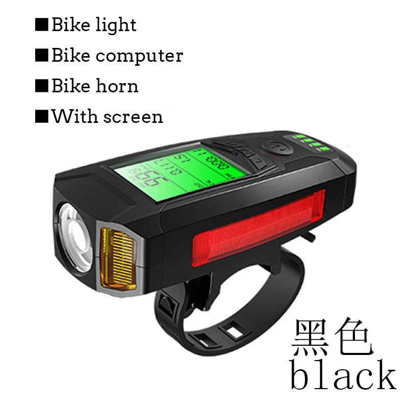 3 in 1 USB Bicycle Flashlight 5 LED Bicycle Computer/Horn Bike Front Light IPX4 Waterproof Headlight Odometer Bike Accessories