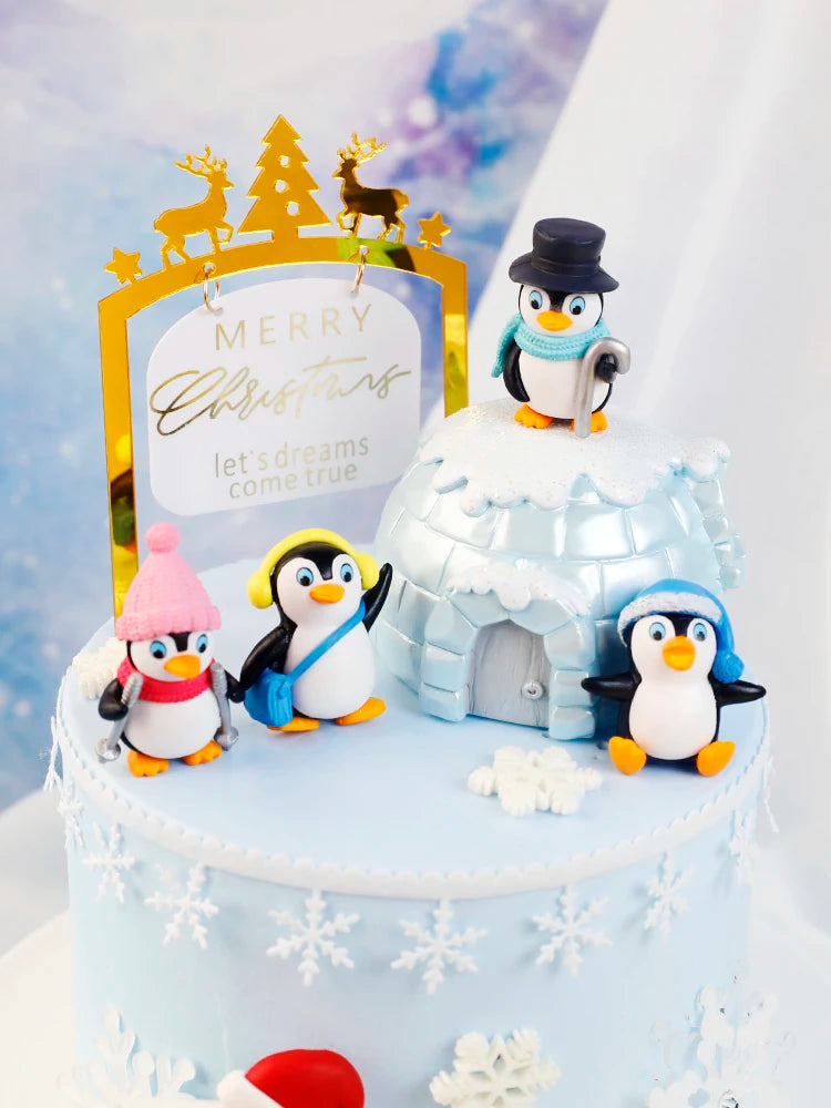 Merry Christmas Hat Scarf Winter Penguin Cake Topper for Baby Shower Snowflake Xmas Party Baking Decoration Dessert Supplies