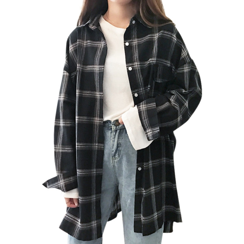 New Summer Long Loose Falling Shoulder Long Sleeve Lapel Plaid Pocket Shirt Women