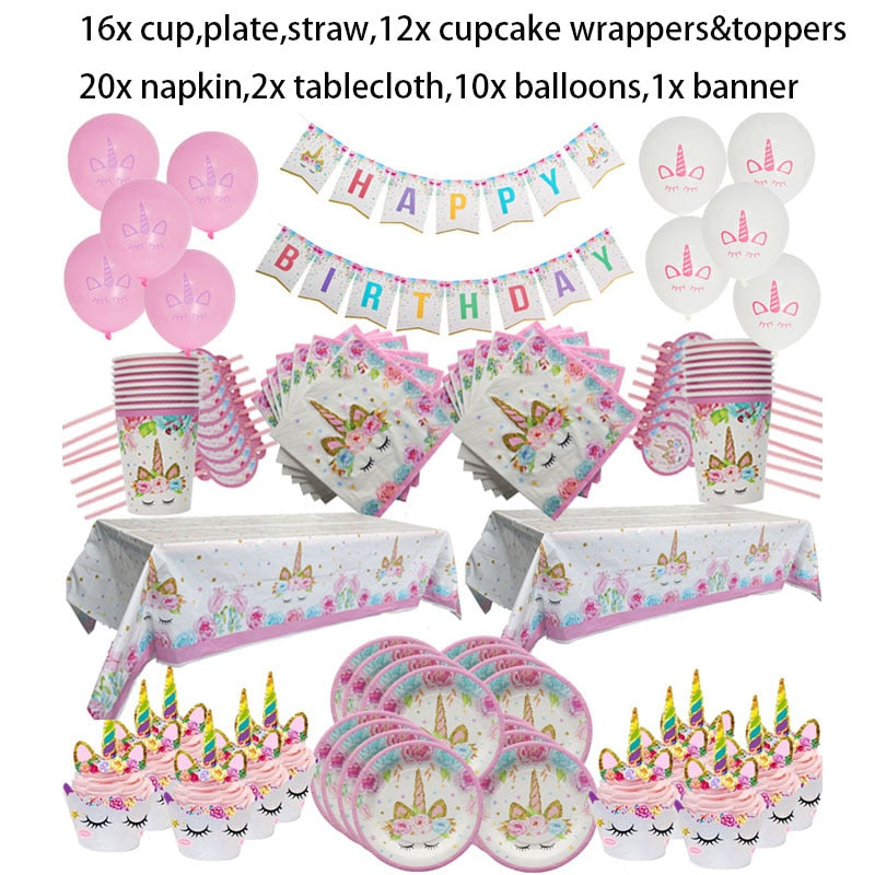 Unicorn Party 3-tier Cup Cake Stand Paper Plates Cups Balloon Birthday Party Decoration Kids Unicornio Party Girls Baby Shower