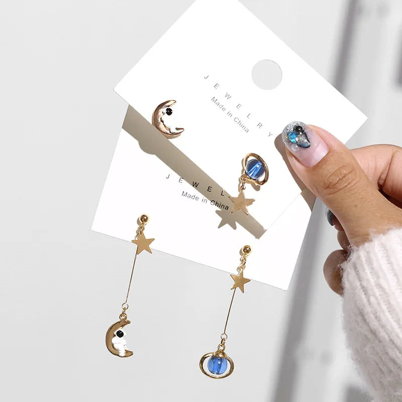 Creative Cute Design Universe Planet Star Astronaut Tassel Drop Earrings For Women Girls Hollow Circle Crystal Pendant Jewelry
