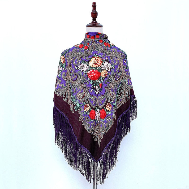 130*130cm Russian National Big Square Scarf For Women Cotton Ethnic Style Print Head Scarves Ladies Retro Fringed Blanket Shawl