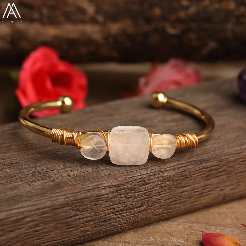 Natural Quartz Stone Beads Gold Bracelets Women Citrines Roses Quartz Chip Beads Open Cuff Bangles Bracelets Friendship Jewelry