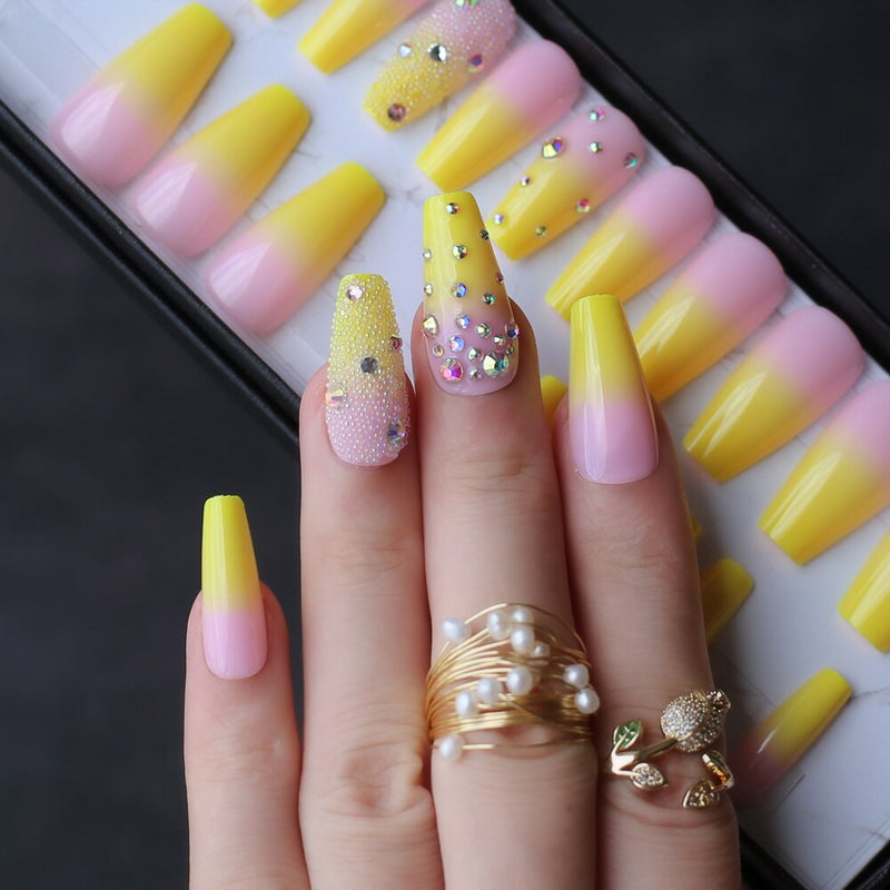 Lemon Yellow French ombre coffin shiny gel fake nails Rhinestone glossy Ballet nails false nail crystal art design caviar match