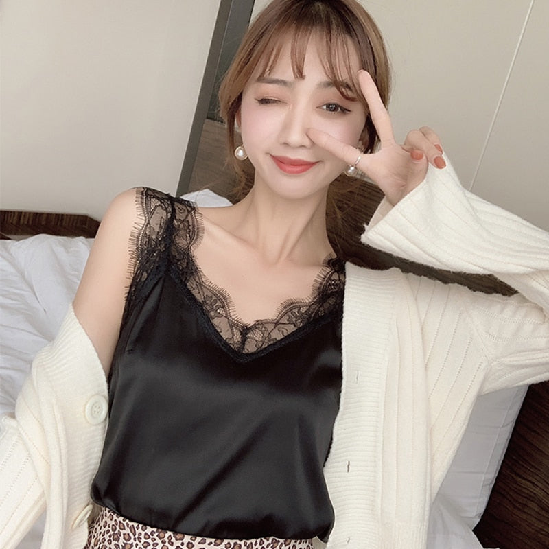 Women's Satin Summer Tops For Women 2023 V Neck Basic Sleeveless Lace Tank Tops Women Summer Female Silk Top White