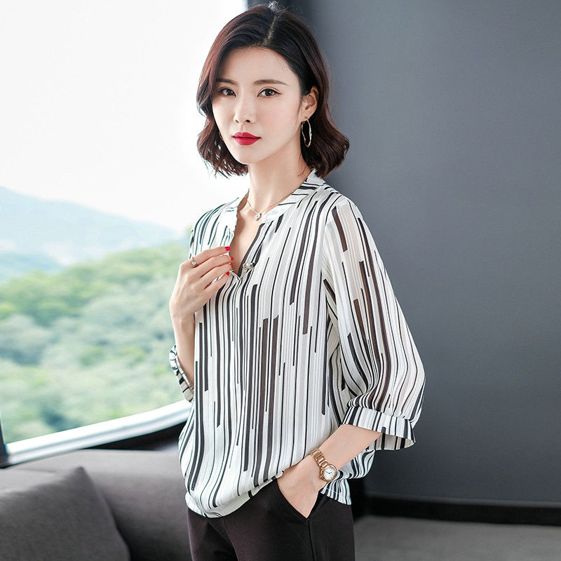 Women&#39;s Spring Summer Style Chiffon Blouses Blouses Shirt Women&#39;s Striped V-neck Three Quarter Sleeve Casual Loose Tops SP015