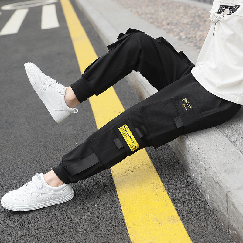 Kids Boy Tape Side Cargo Pants Loose Style Teenager Khaki Black Cargo Pants Classic Kids Sports Trousers for Big Boy 4-13 Years