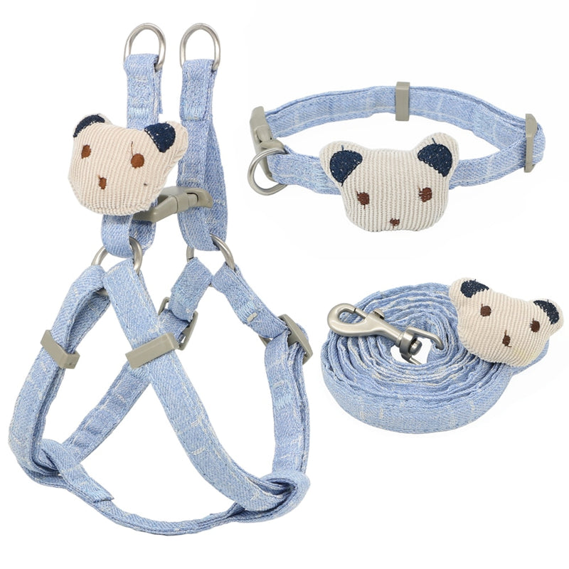 Soft Dog Harness Leash Collar Set Adjustable Cartoons Bear Dog Harness for Small Medium Pets Cat Collar Leash Outdoor Walking