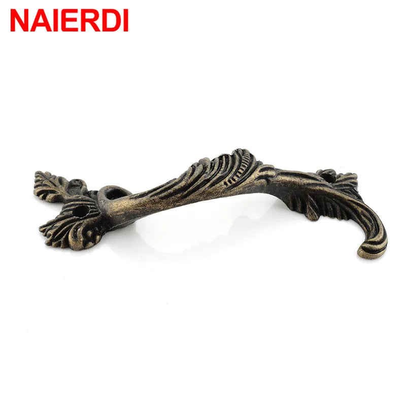 NAIERDI 2PCS Antique Furniture Handles Leaves Striped Carved Handle Drawer Door Knobs Jewelry Box Bronze Cabinet Pulls Cupboard