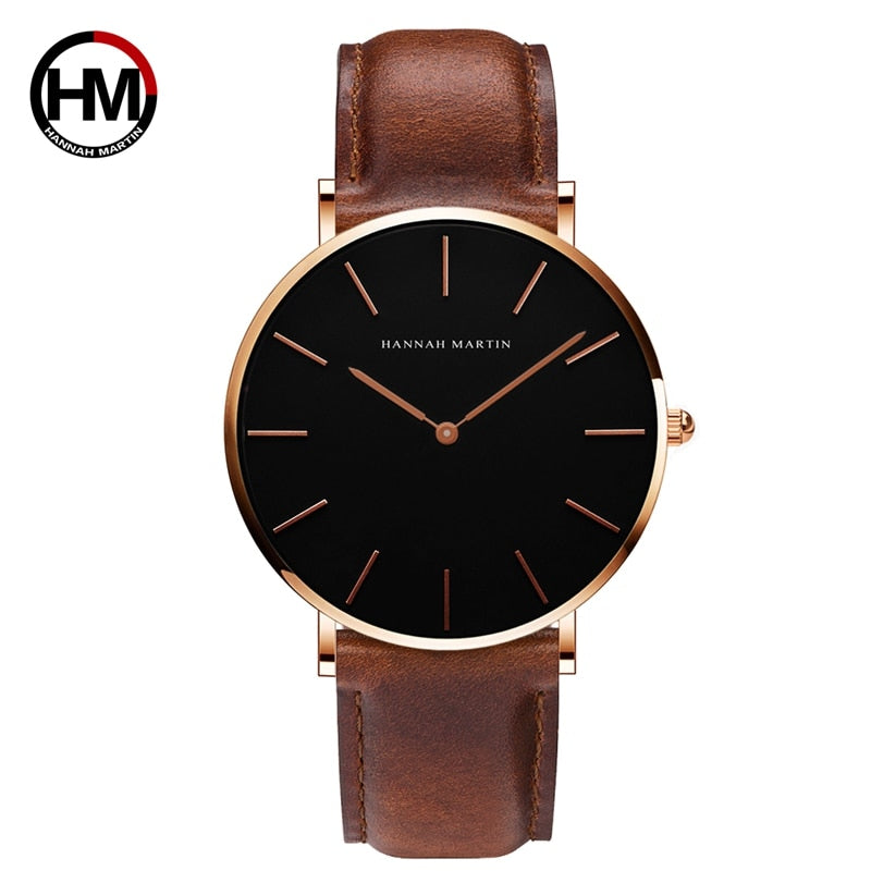 Hannah Martin High Quality Rose Gold Dial Watch Men Leather Waterproof Wristwatch Women Dress Fashion Japan Quartz Movement Saat