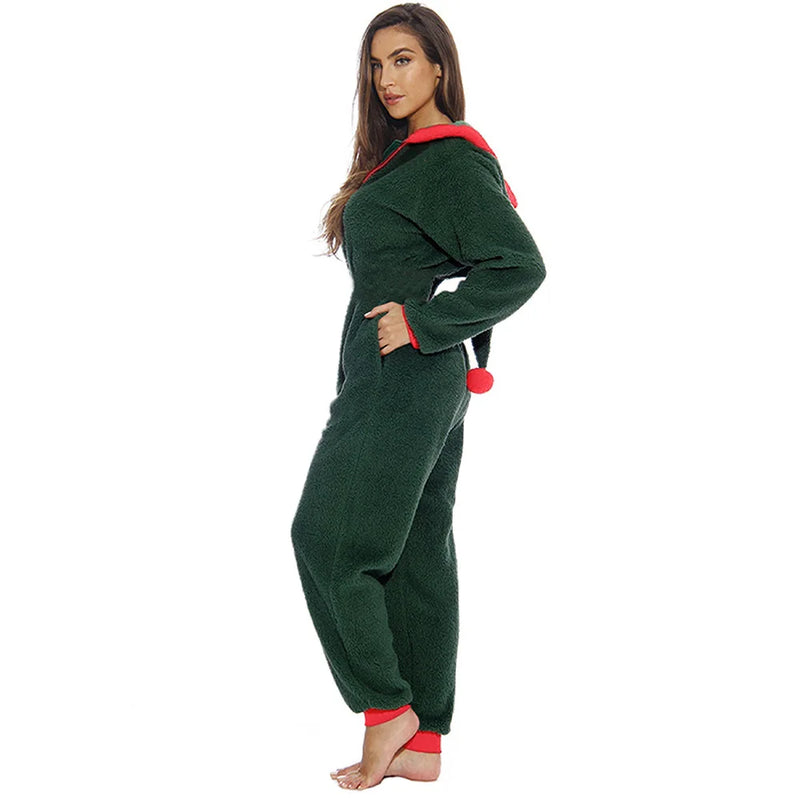 Women Christmas Long Sleeve Hooded Jumpsuits with Zipper Lady Fall Winter Warm Fleece Rompers Festival Holiday Loungewear 2022