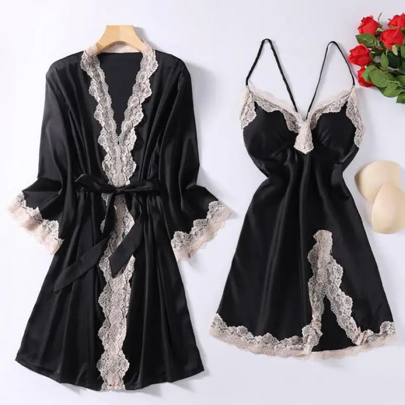 Satin Robe Set Sexy Female Sleepwear Summer Kimono Bathrobe Lace Trim Bride Bridesmaid Dressing Gown Casual Nightgown