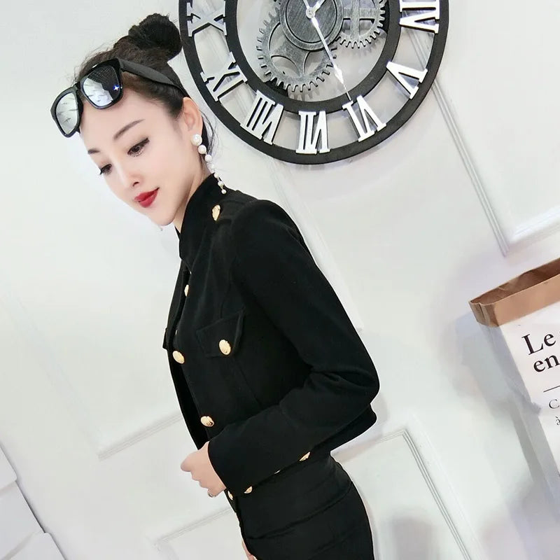 3XL!spring autumn fashion black short jacket women stand collar single breasted top coat