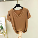 chic casual  Cotton T Shirt Ribbed Short Sleeve Women Summer Basic v-neck T shirt Loose Candy Color T-shirt Tee Female