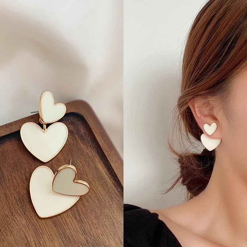 2020 New Fashion Korean Drop Earrings For Women White Enamel Double Heart Korean Jewelry Female Earring Girls Gift