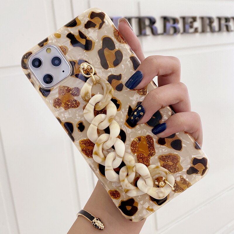 Leopard Print Bling Crystal Shell Marble Bracelet Hand Strap Case Cover For Samsung Galaxy NOTE 20 Ultra 10 9 8 S21/20/10/9 Plus