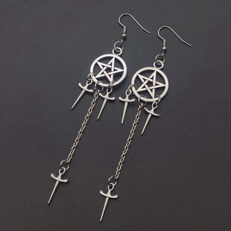 Pentagram Swords Earrings Silver Plated Huggie Hoops Dangle Witchy Jewelry Pagan Wiccan Tarot Gothic Emo Women Gift
