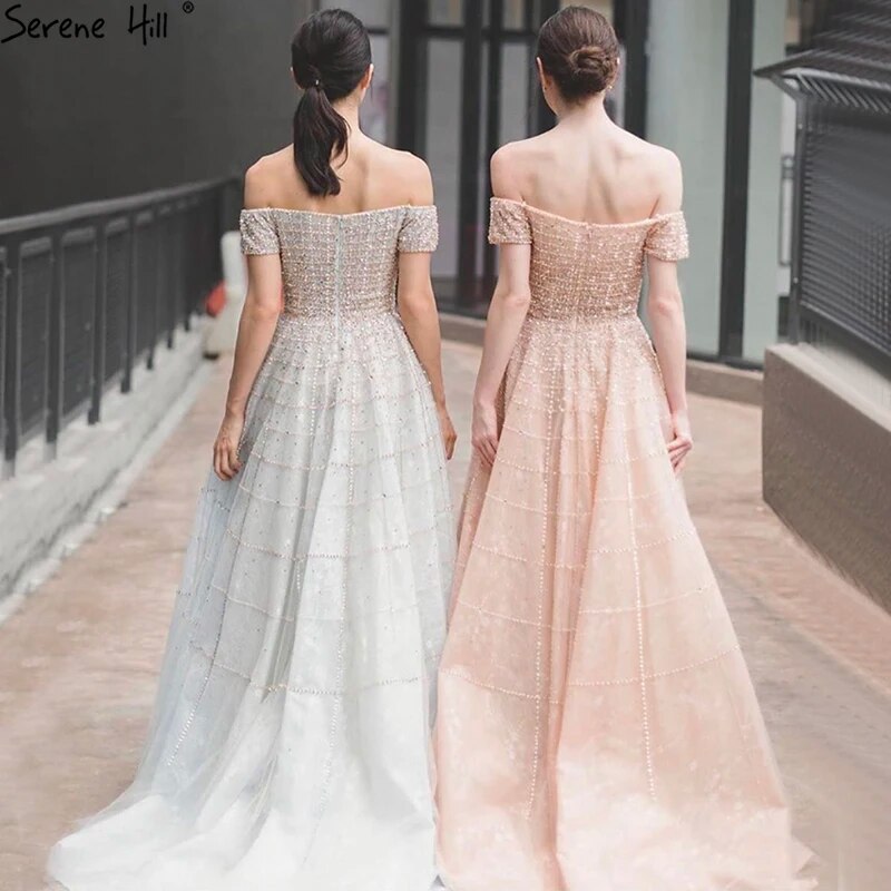 Silver Off Shoulder Short Sleeve  Evening Dresses 2023 Dubai A-Line Beading Diamond Evening Gowns Serene Hill LA70263