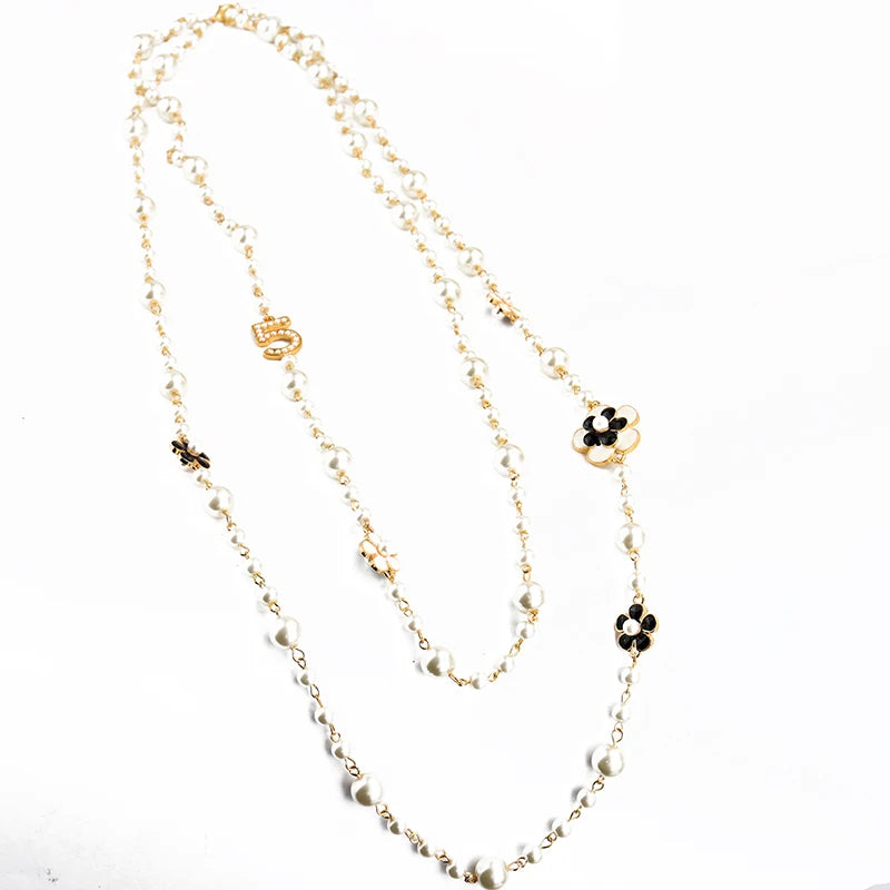 Luxury brand design number 5 long pearl necklace camellia double layer sweater chain necklace woman party jewelry