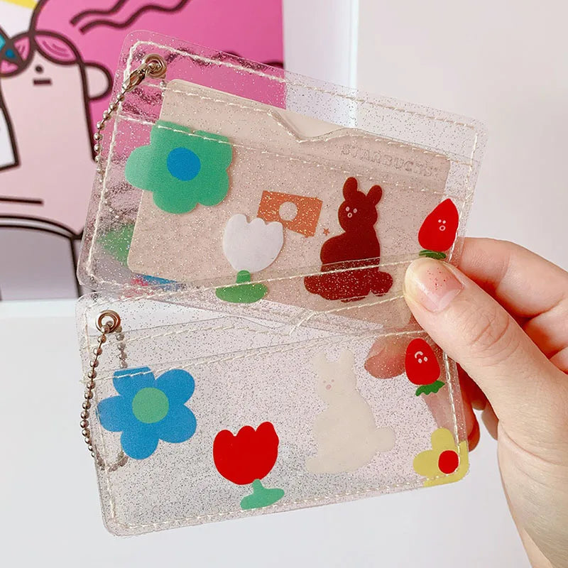 2Bits Cute Bear Rabbit Transparent Waterproof PVC Women Card Case Business Card Holder Girls Credit Card Bag ID Card Mini Wallet