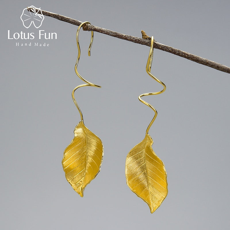 Lotus Fun Elegant Autumn Leaves Dangle Earrings Real 925 Sterling Silver 18K Gold Earrings for Women Gift Handmade Fine Jewelry