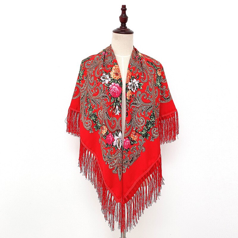 130*130cm Russian National Big Square Scarf For Women Cotton Ethnic Style Print Head Scarves Ladies Retro Fringed Blanket Shawl