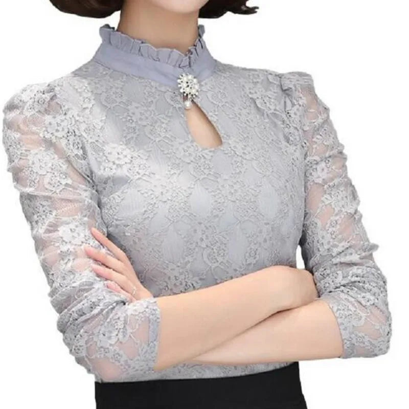 2021 Spring Autumn Women Long Sleeve Lace Floral Blouse Shirts Crochet Lace Elegant Blouse Casual Slim Tops Office Shirts