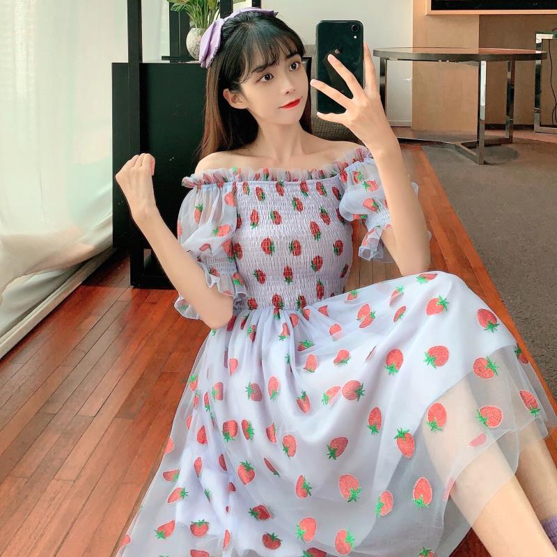 Strawberry Dress Women French Style Lace Chiffon Sweet Dress Casual Puff Sleeve Elegant Printed Kawaii Dress Women 2022 New