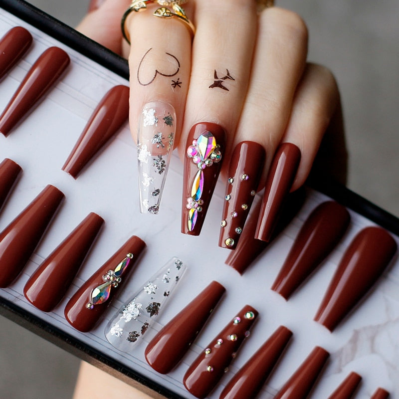 Glossy Coffee Luxury Coffin false nails gel Fake nails Rhinestone Box gift Press on nails Ballet reuse Gold leaf handmade