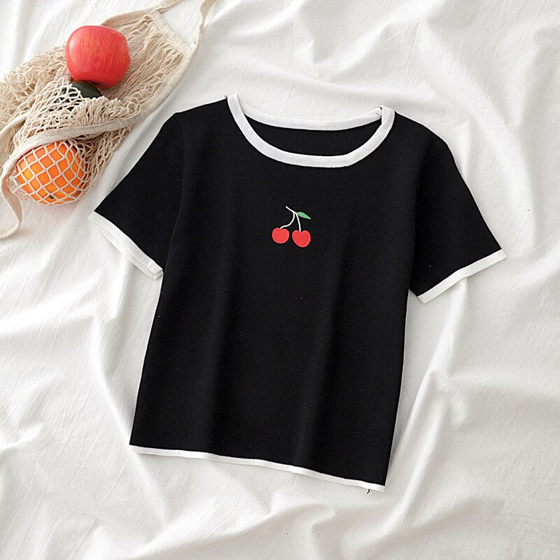 HELIAR Plain T-shirts Cherry Printed Tees Women Summer Knitted O-Neck Short Sleeve Knitted T-shirts Women Black Hem T-Shirts