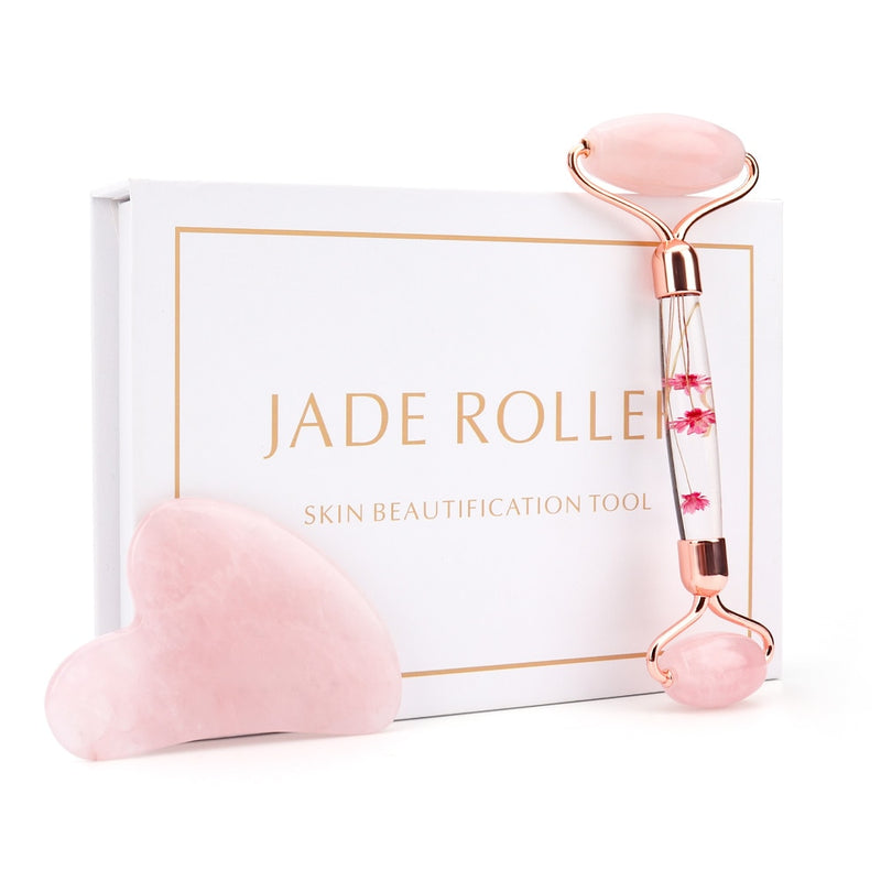 Rose Quartz Jade Roller Flower Pole Roller Face Lifting Massager Facial Manual Massage Heart-shaped Gua Sha Set Anti-wrinkles