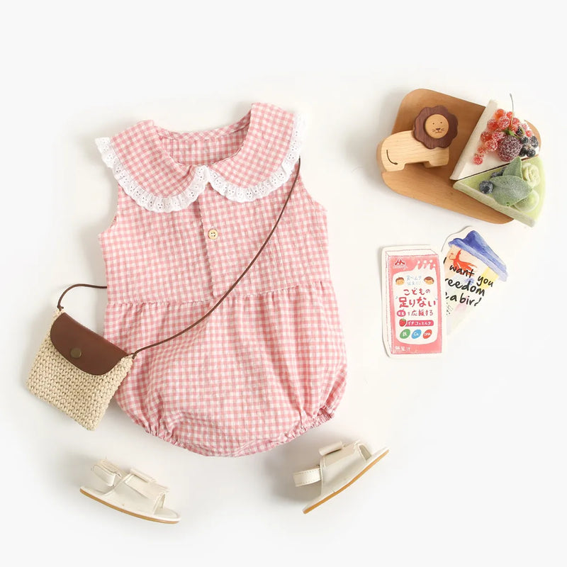 Sanlutoz Summer Cotton Baby Bodysuit Newborn Cute Plaid Clothing for Baby Girls Sleeveless Princess Toddler Infant Bodysuits