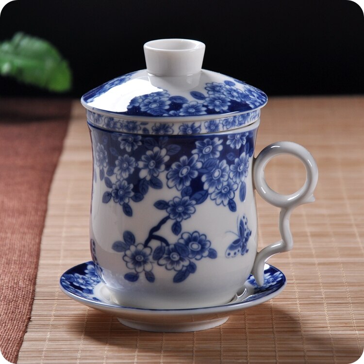 Blue and white porcelain ceramic office four-piece cup with lid including filter equipment personal lunch cup gift conference