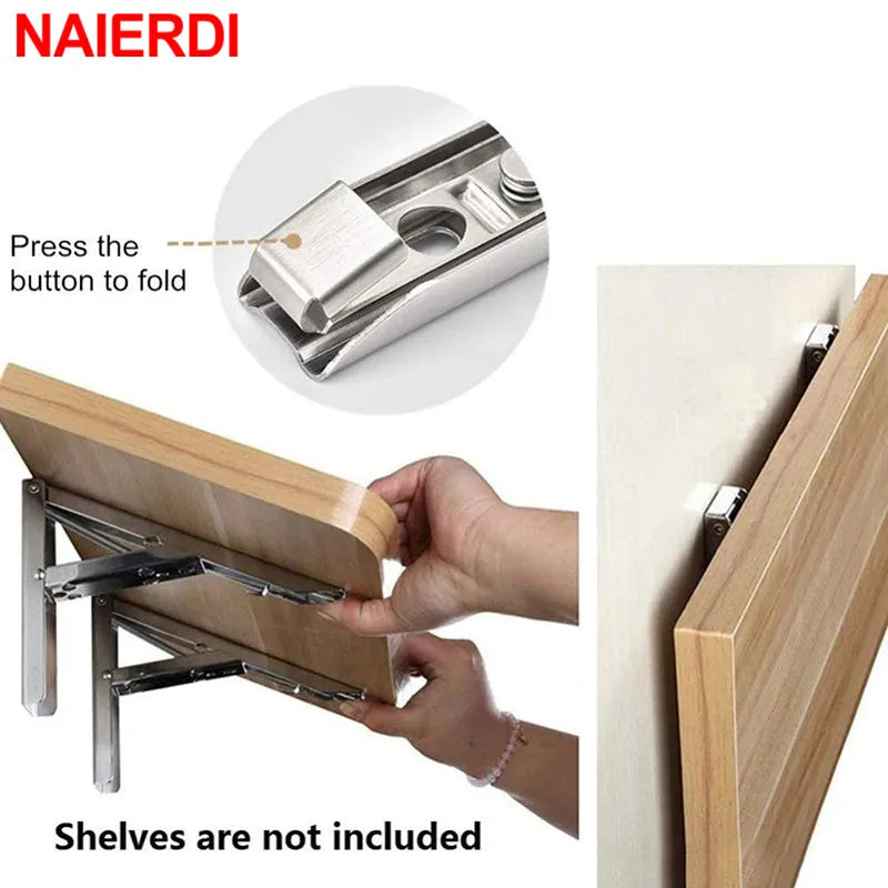 NAIERDI 8-14 Inch 2PCS Stainless Steel Folding Bracket White Black Iron Triangle Bracket Adjustable Wall Support Table Shelf