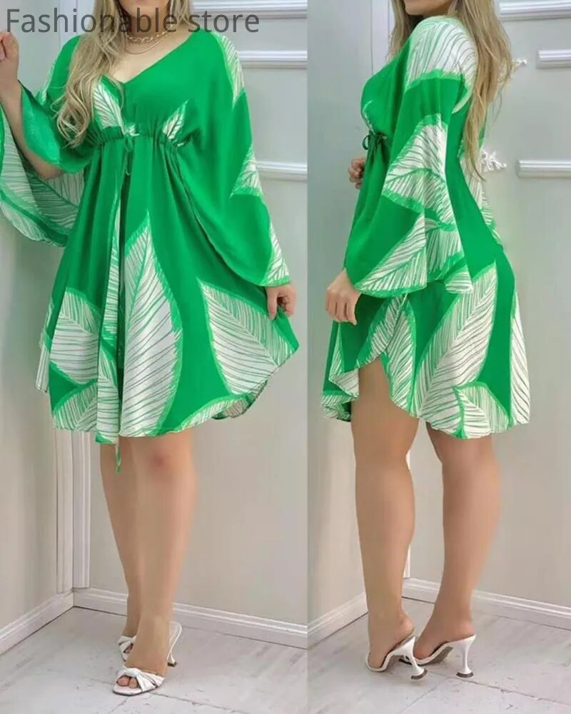 Summer Women's Fashion Cape Sleeve Leaves Print Ruched Dress