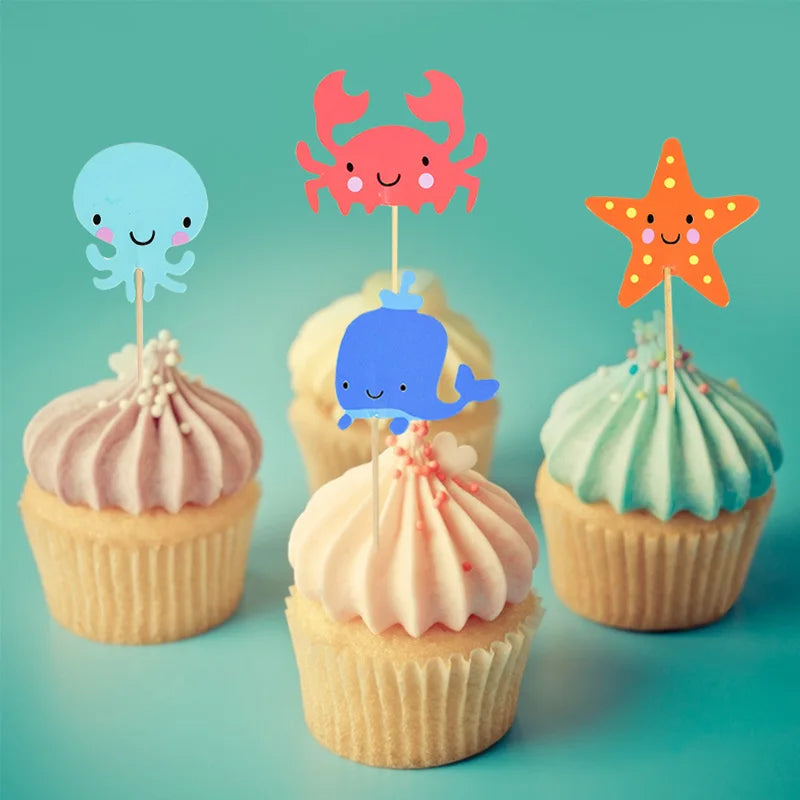 24pcs Ocean Animal Cupcake Toppers Under the Sea Party Cake Flags Boy Baby Shower Mermaid Theme Birthday Party Cake Decorations